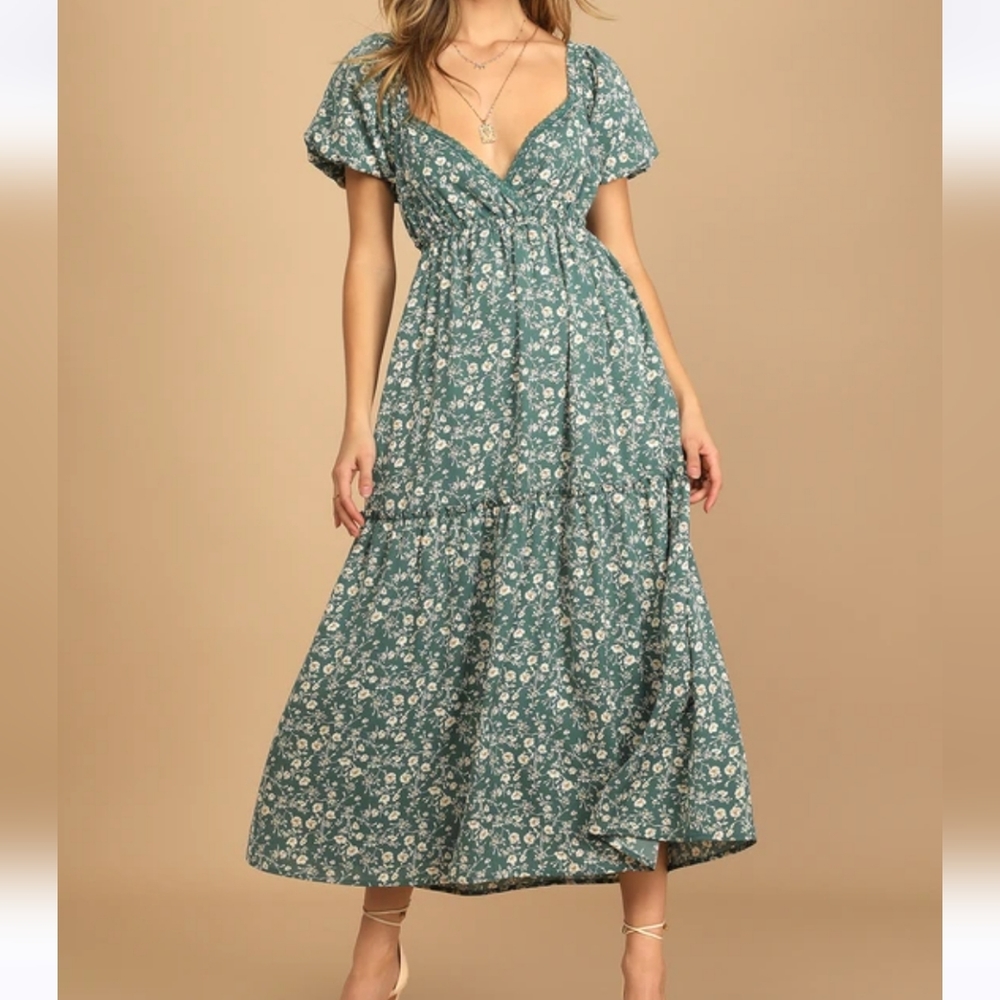 Lulus Always In Love Teal Floral Print Puff Sleeve Midi Dress size Small